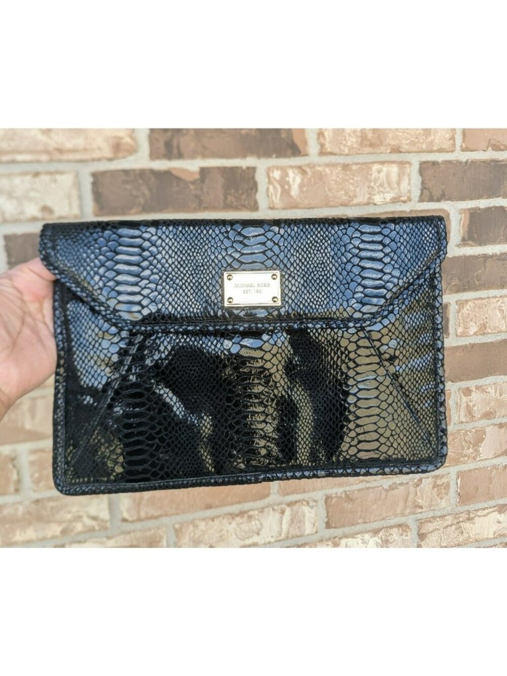 Michael Kors Python Snakeskin Embossed Large Clutch Pouch Black Gold